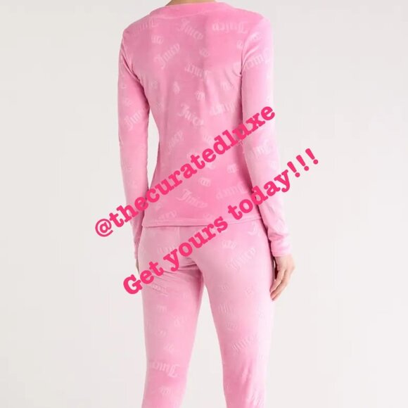 🎄 JUICY COUTURE Long Sleeve Top Pajamas Lounge Set Pink Velour Sleepwear S /  M - Picture 2 of 6